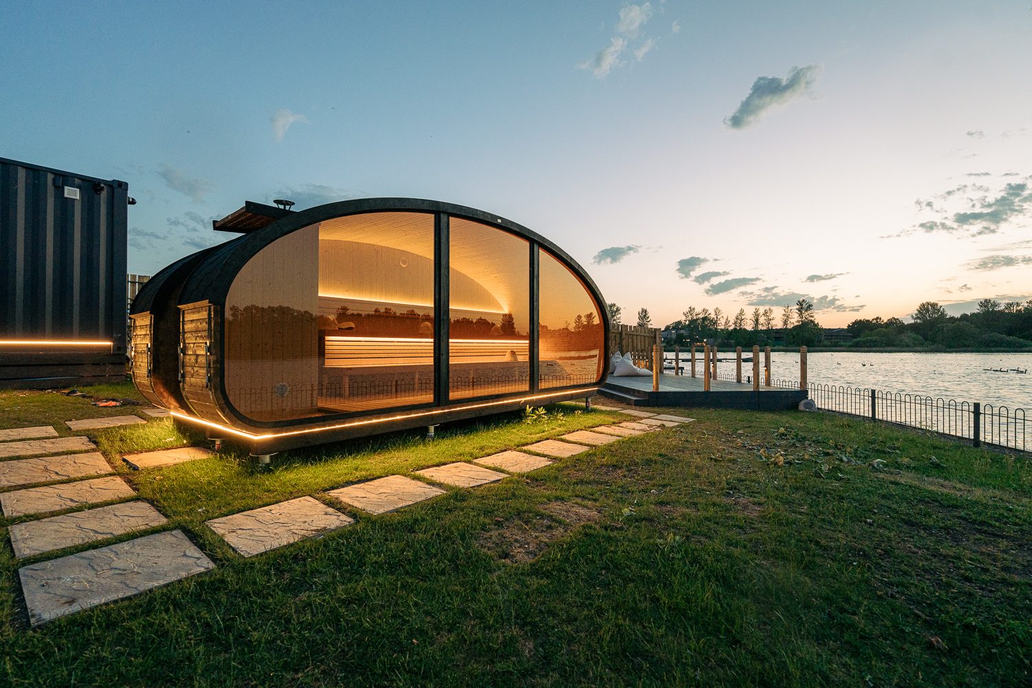 Willen Lake Spa sauna at dusk